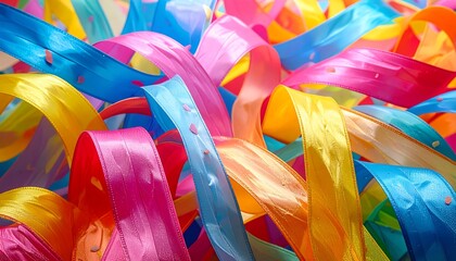 Multicolored satin ribbons are intertwined, creating a vibrant, cheerful, textured, and dynamic composition