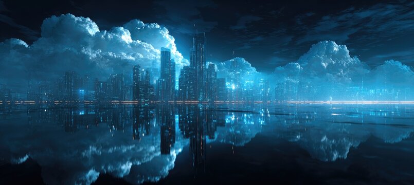 A futuristic city silhouette is reflected in dark water under a cloudy, moonlit sky - Powered by Adobe