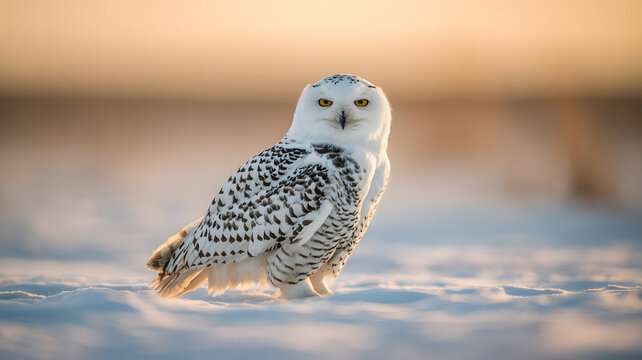 Snowy owl in winter snow turning head in natural habitat
