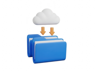 3d icon of cloud downloading files to blue folders, isolated on transparent background