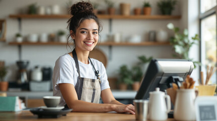 Warm close-up portrait of a smiling barista in a bright modern café.