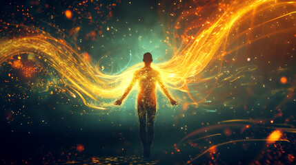 A glowing figure stands with arms spread wide against a backdrop of swirling colors, creating an ethereal atmosphere