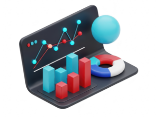 3d business data analysis chart with line graph, bar chart, and donut chart on laptop screen isolated on transparent background