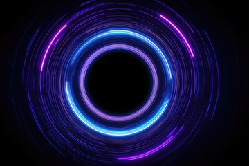 Luminous concentric circles radiate with a glow of purple and blue, surrounding a black void