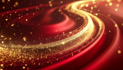 Obraz premium Stunning dynamic background featuring elegant flowing red silk waves illuminated by vibrant golden glittering particle streams