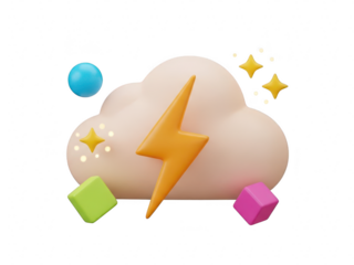 3d icon of a weather cloud with a yellow lightning bolt, stars, and colorful geometric shapes, isolated on transparent background