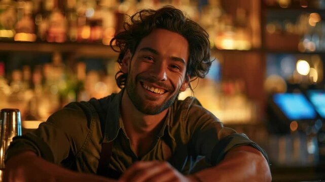 Smiling bartender in a dark bar with cocktails and bottles
