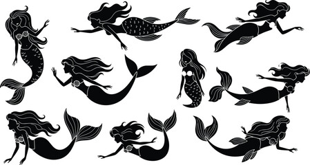 Mermaid silhouette illustration set, elegant fantasy sea maid designs, swimming underwater characters, decorative ocean artwork, black vector mythical mermaid collection