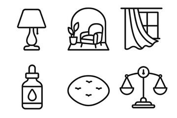 Serene Domestic Icons. Serene Domestic Settings linear set: muted lamp, peaceful nook, airy curtain, essential oil jar, soft seating pad, tranquility scale.