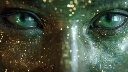 ai human face digital grid circuitry  green energy flow concept of artificial intelligence cybernetics and future technology