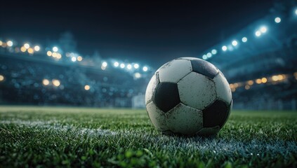 Naklejka premium Soccer ball on green grass in a stadium at night