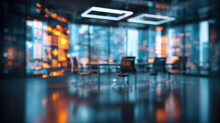 modern neon cyberpunk open space office interior blurred with information technology overlay corporate strategy for finance operations marketing tables with computers for work technology