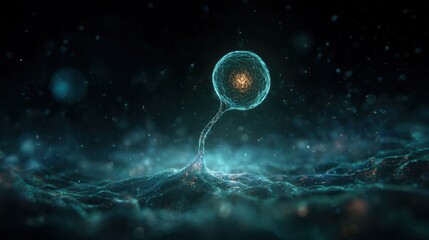 submicroscopic a single complex glowing molecule emerges from a dark primordial aqueous solution symbolizing the spark of life stem education sheets