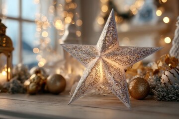 Glowing five-pointed star nestled amongst frosted greenery and gold ornaments, bathed in warm bokeh lights near a window