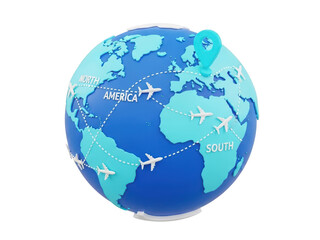 Fototapeta premium Travel globe with airplanes flying between continents and map pin icon, isolated on white isolated on transparent background