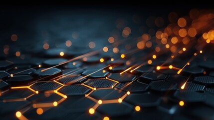 futuristic digital hexagonal network with glowing nodes and data streams in a tech environment