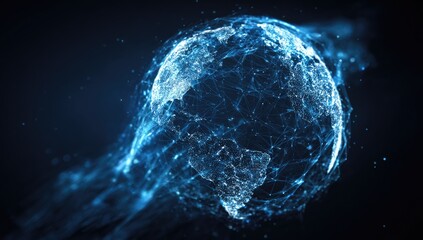 Glowing blue network-connected Earth, ethereal wisps trail behind, conveying technology and global connections