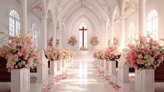 serene church aisle with pink and white floral arrangements leading to sunlit cross