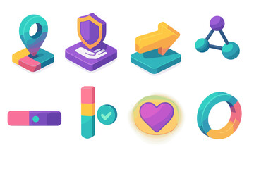 Colorful 3D Navigation Icons. Care Path Intelligence Set flat isometric set: personalized navigation marker, guided decision tile, care-direction arrow, context-aware support node,