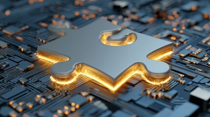 a futuristic metallic puzzle piece connecting on a glowing digital circuit board symbolizing technology integration and innovation concepts in a modern setting