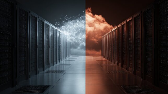 splitscreen visualization of server rack and abstract cloud network  cloud migration concept