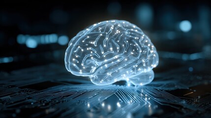 glowing digital brain with circuit board patterns and network grid on a blue futuristic background