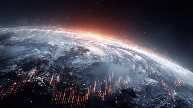 double exposure planet earth overlay with glowing stock market lines and global connection data worldwide business network - Powered by Adobe