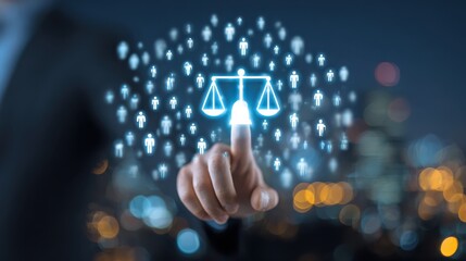 digital justice concept with businessman touching glowing scales icon surrounded by people symbols against blurred city lights background
