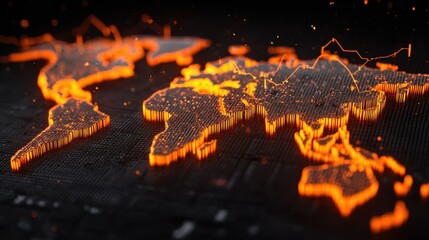 glowing digital world map with pixelated continents overlaid by orange fluctuating stock lines and data points a dynamic and tense global market visualization