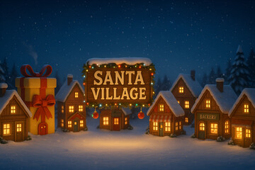 Whimsical winter Christmas scene with illuminated Santa Village sign gifts and snowy cottages at night