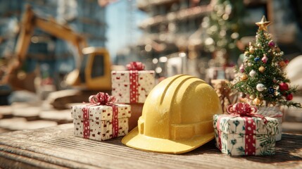 a festive construction site scene with a yellow safety helmet wrapped gifts and a small christmas tree decoration blending holiday cheer with the work environment
