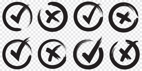 Check tick mark icon set. Cross box x check mark checkbox v list vector draw hand drawn sketch doodle brush marker checklist symbol wrong right circle. Vector © HIKE  Studio  1