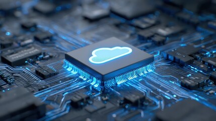 ai processor chip integrated into a circuit board with glowing blue pathways and cloud symbol computer technology cpu microchip digital processor