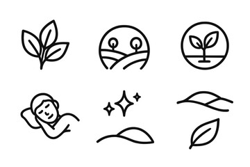 Obraz premium Nature Wellness Icons. Green Wellness Elements linear set: foliage cluster, serene meadow arc, eco-balance wheel, quiet stream bend, mindful rest icon, nature sparkles, rolling