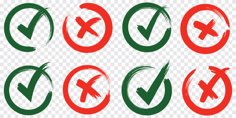 Check tick mark icon set. Cross box x check mark checkbox v list vector draw hand drawn sketch doodle brush marker checklist symbol wrong right circle. Vector © HIKE  Studio  1