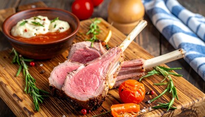 Perfectly cooked lamb chops with mashed potatoes, tomato sauce and herbs presented on a wooden board