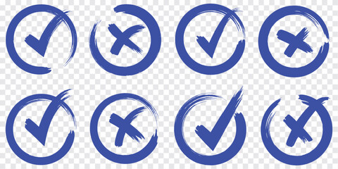 Check tick mark icon set. Cross box x check mark checkbox v list vector draw hand drawn sketch doodle brush marker checklist symbol wrong right circle. Vector © HIKE  Studio  1