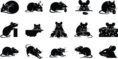 Black silhouettes of mice in various poses and actions on white background