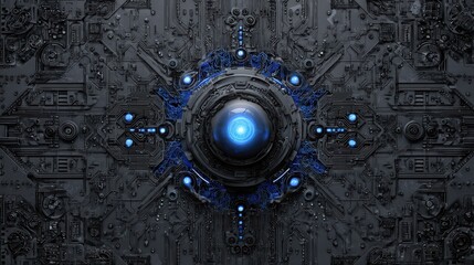 a symmetrical dark gray metallic panel with a central glowing blue orb surrounded by intricate blue circuitry and glowing blue nodes