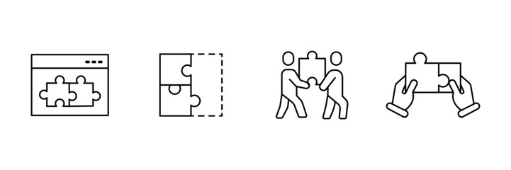 Puzzle collaboration icon set, website plugin pieces, missing jigsaw block, team holding part, hands connecting solution outline vector illustration.