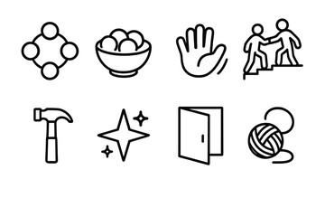 Community Symbol Icons. Neighborhood Unity linear set: gathering circle, shared meal bowl, friendly wave shape, supportive step, shared tool, guiding star, open door frame,