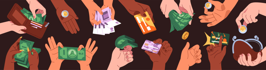 Money in hands set. Banner with people holding coins, banknotes and wallets, pay with cash or credit cards, save up and donate bills. Wealth, finances and savings. Flat isolated vector illustrations.