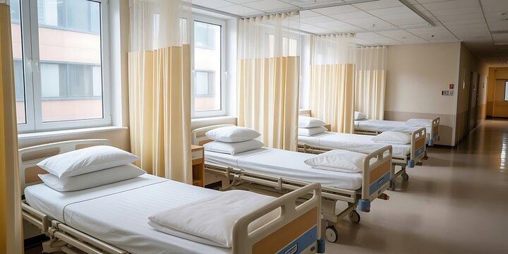 Hospital ward with empty beds and curtains medical - Powered by Adobe