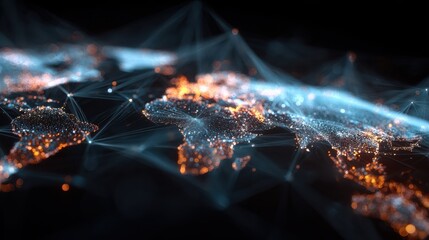 an abstract world map shows a digital global network with glowing lines and illuminated data points connecting countries