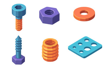 Colorful Fastener Set Icons. General Fastener Set flat isometric set: socket-head bolt, hex nut, flat washer, lag screw, threaded insert, hardware gauge.