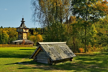 Moscow oblast. Russia.  September 27, 2023. Fragments of the decoration of wooden buildings of the fonts of the architectural complex of the holy spring Gremyachy Klyuch.