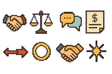 Pixel Art Negotiation Icons. General Negotiation pixel style set: handshake line, balanced scale, dialogue bubbles, offer card, counterproposal arrow, agreement ring, compromise