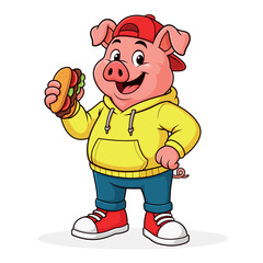 Funny Pig Cartoon Eating, Happy, Vector Pig Eating Illustration