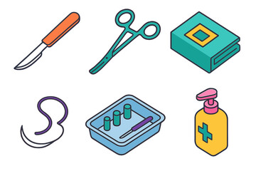 Clinical Procedure Icons. Medical Devices for Clinical Procedures isometric flat set: scalpel, surgical clamp, sterile drape, suture needle, procedure tray, disinfectant bottle.