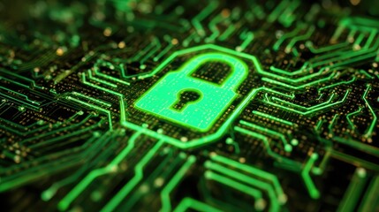 secure data transmission concept with lock symbol integrated in futuristic circuit pattern on neon cyber background digital encryption cybersecurity protection network privacy and information